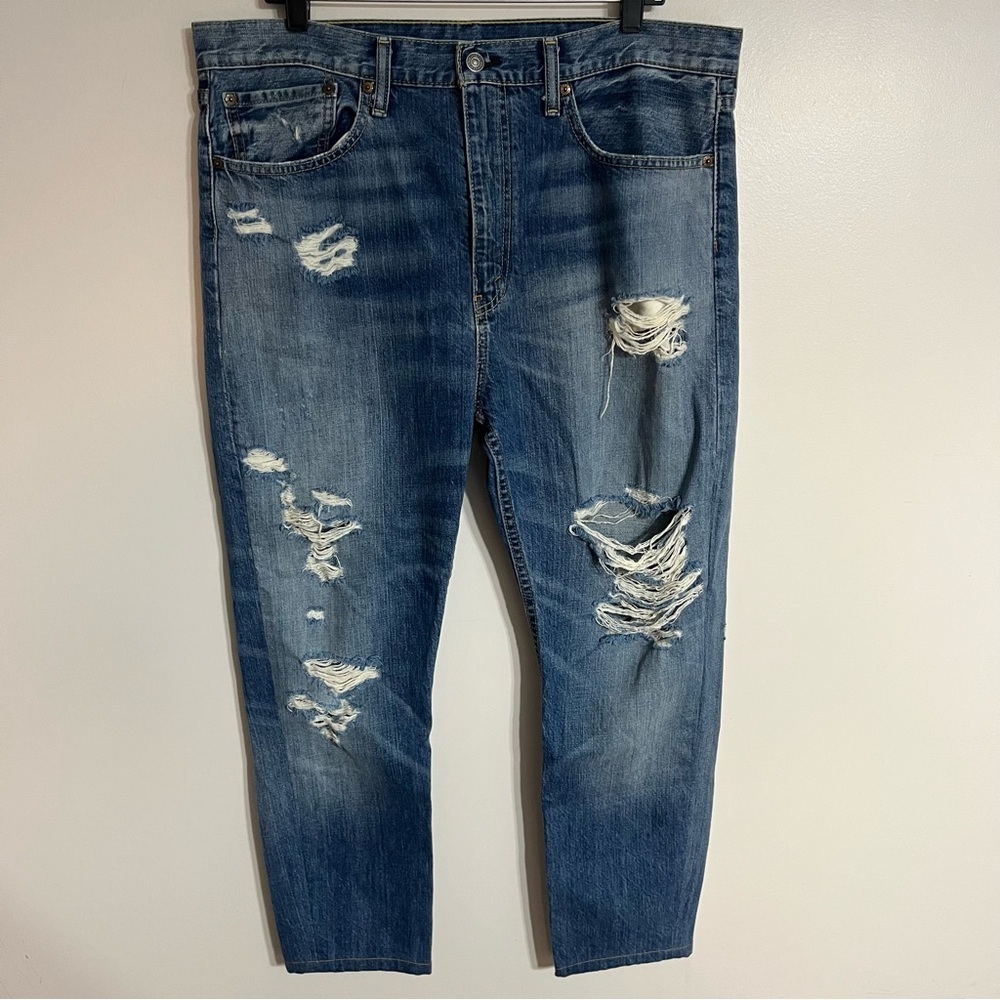 Men's Levi's 522 Red Tab Distressed Straight Leg Med Wash Denim‎ Jeans 36X30